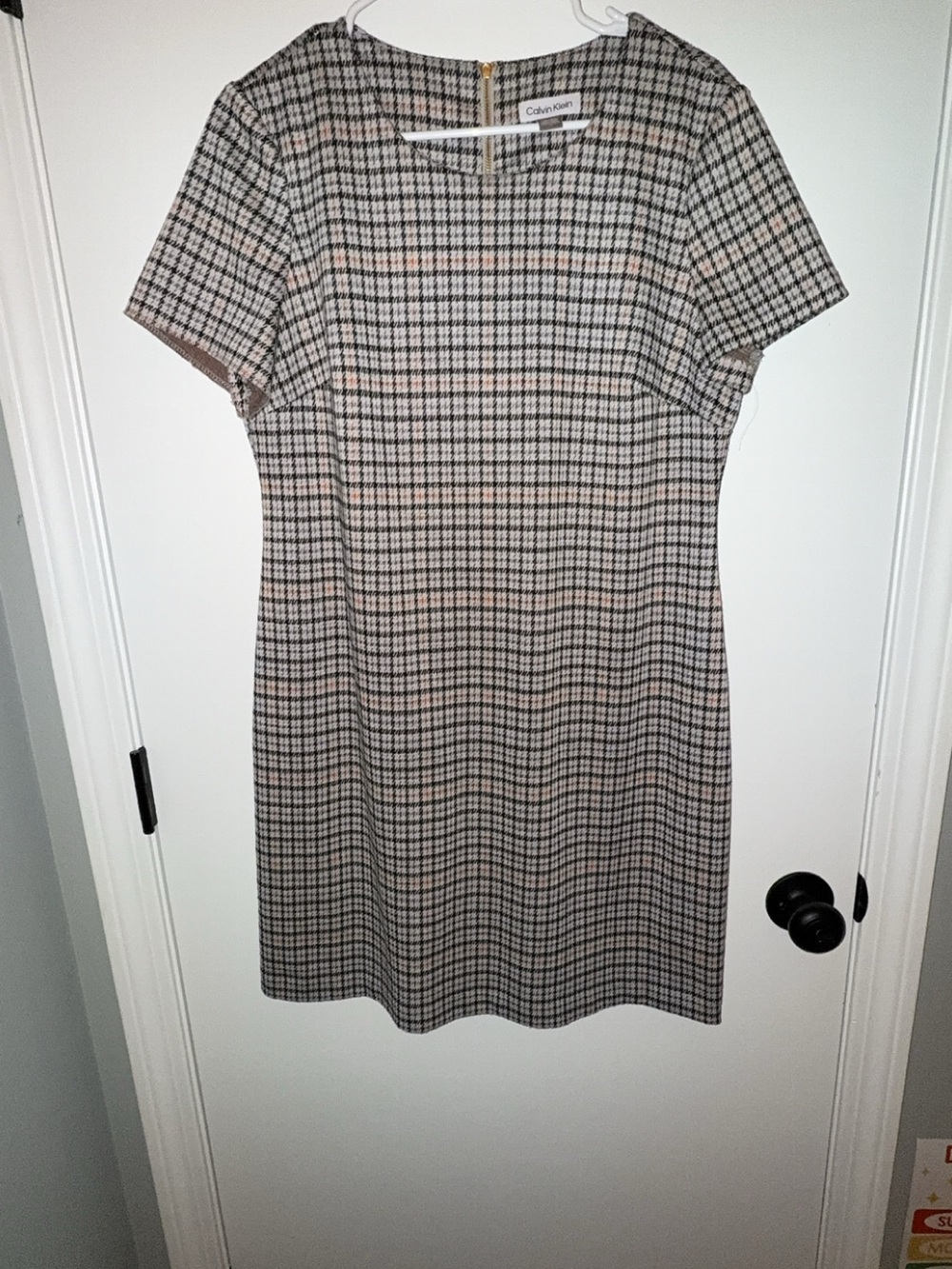 Calvin Klein Black, Beige, and Orange Plaid Short-Sleeve Sheath Dress